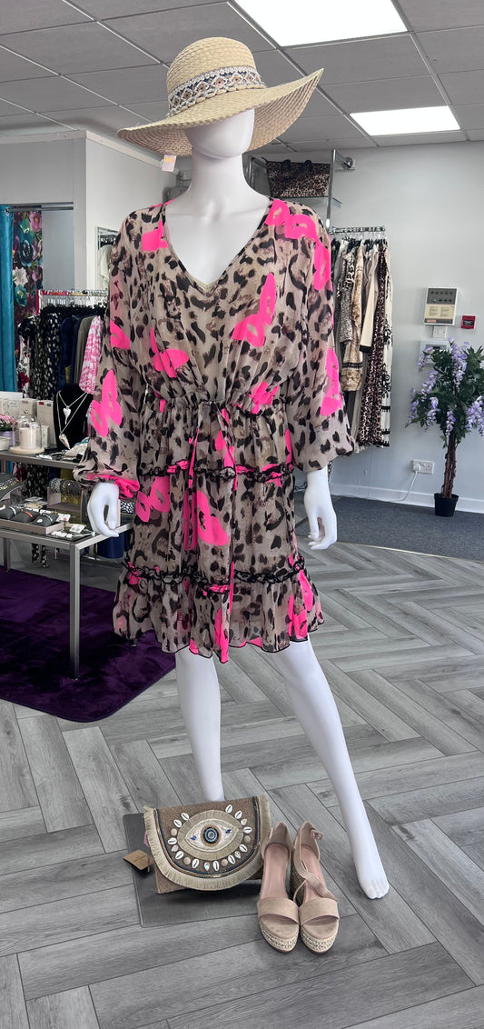 Animal Print Dress with Neon Butterflies