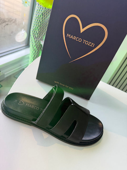 Black Leather Sliders by Marco Tozzi