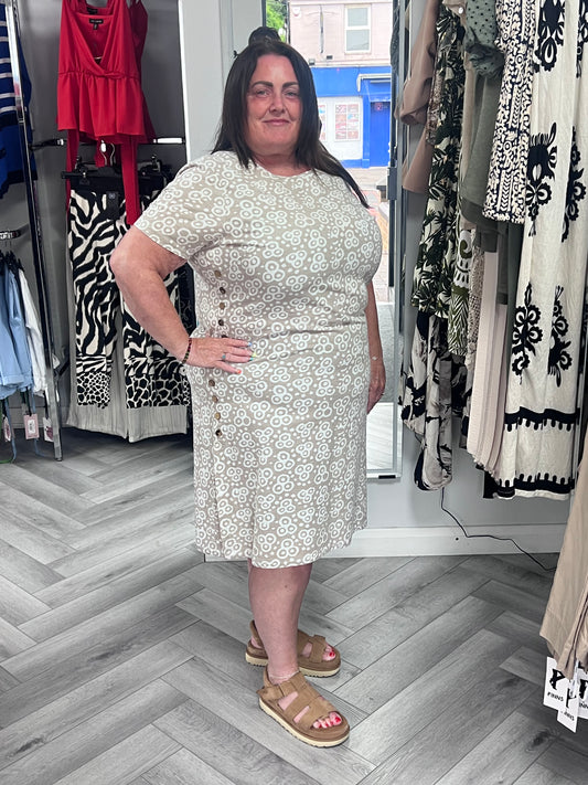Beige and Cream Printed Dress with Buttons