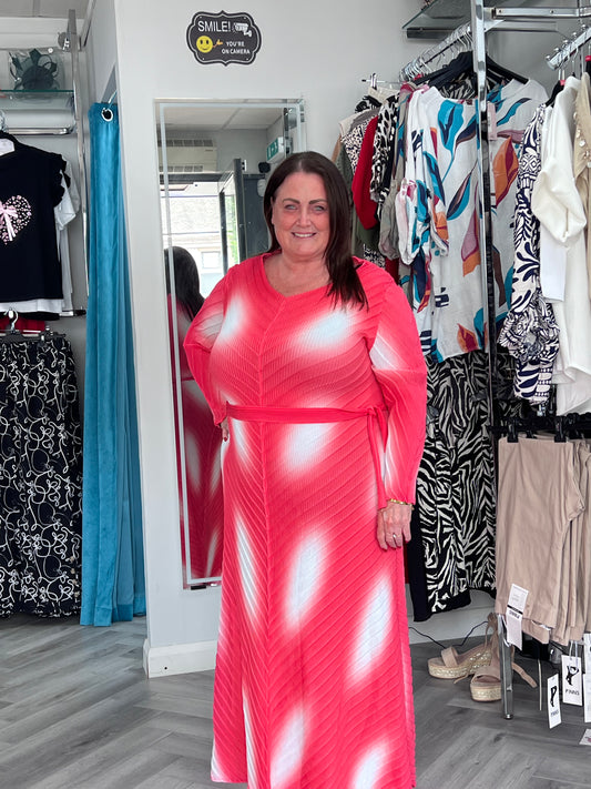 coral pleated 2 tone printed dress