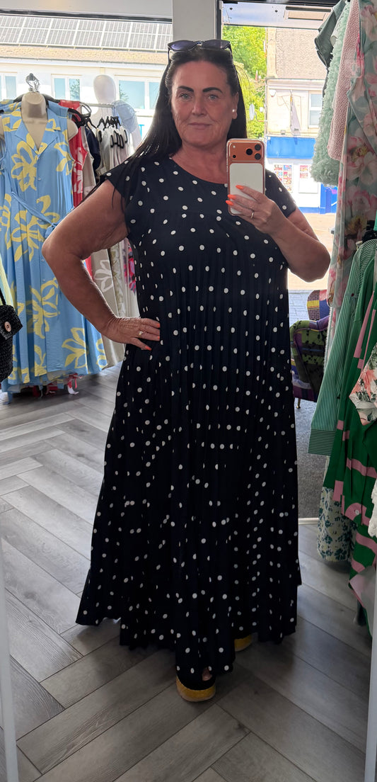 Polkadot Maxi  pleated dress - Navy & White
