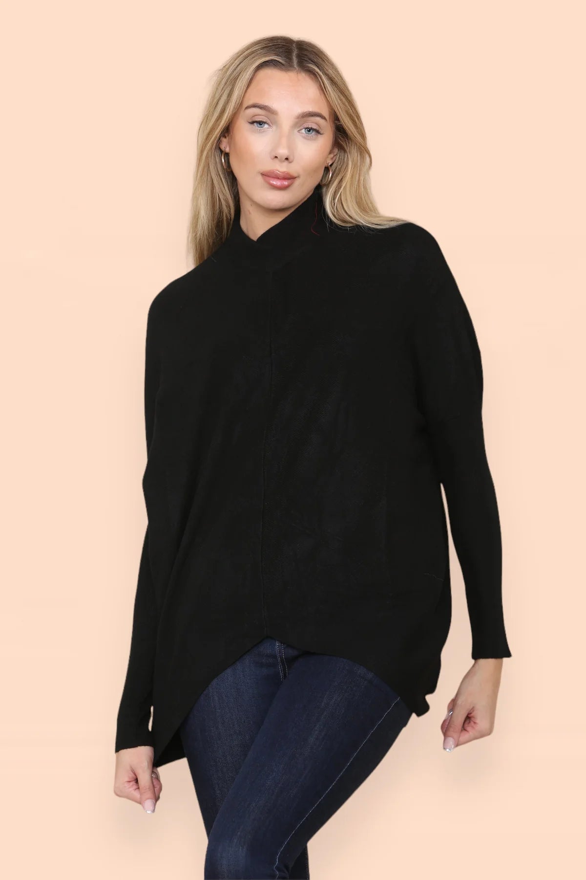 High Low Wool Blend Turtle Neck Ribbed Knit