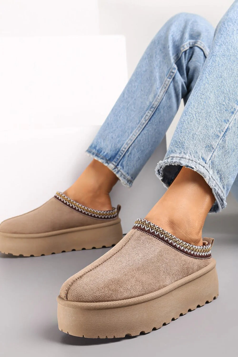 BEIGE FAUX SUEDE STRAPPY CLOGS SLIP ON MULES SLIPPERS