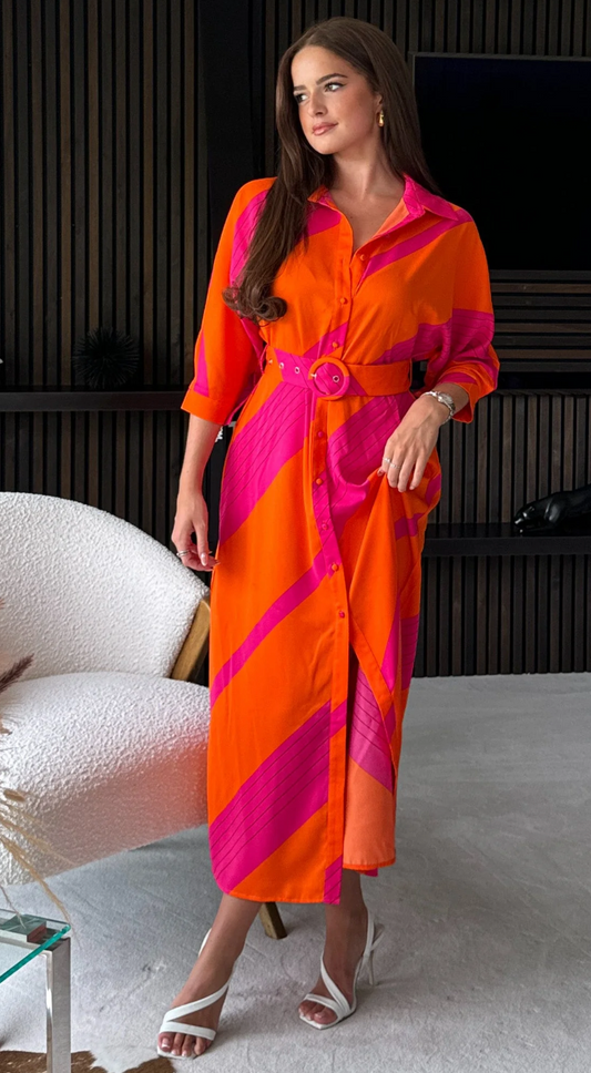 Adrian Orange Pink Buckle Wrap Shirt Dress