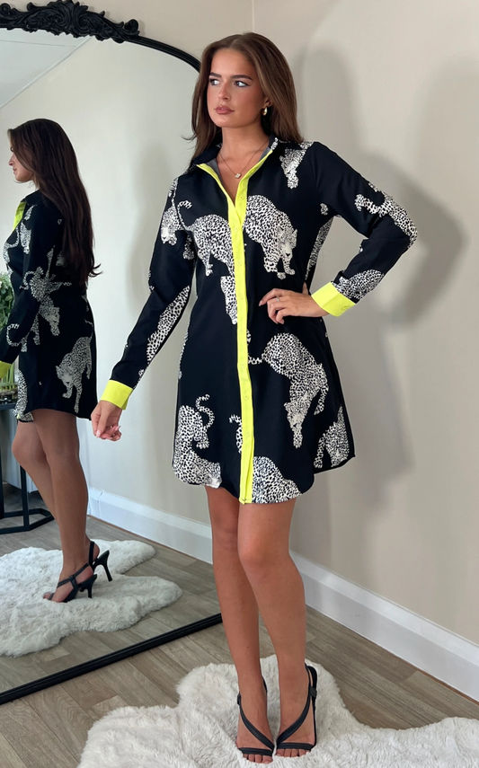Alana Cheetah Print Mini Shirt Dress  - Black