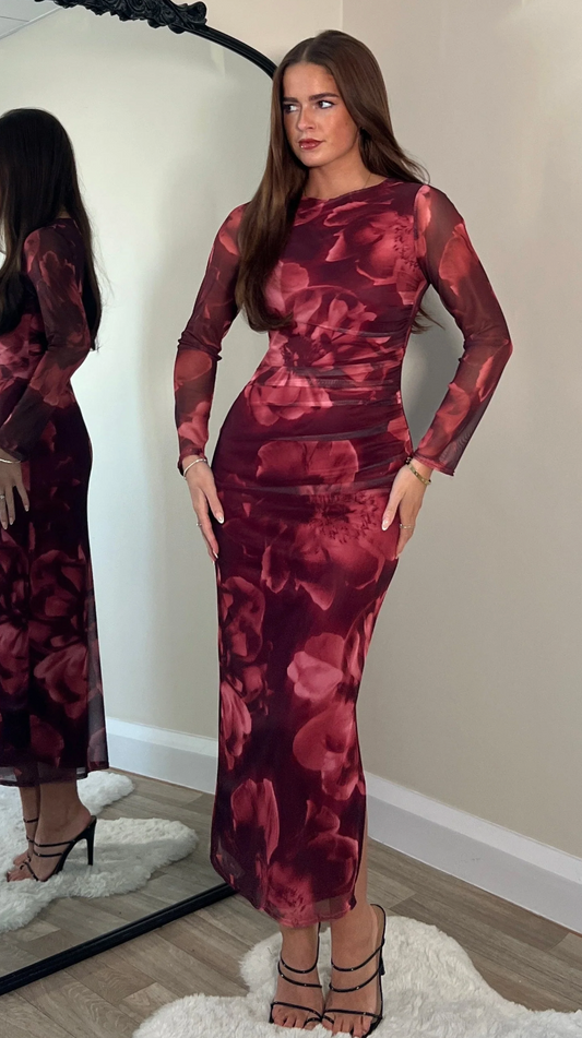 Riley Long Sleeve Mesh Midi Dress Wine Floral