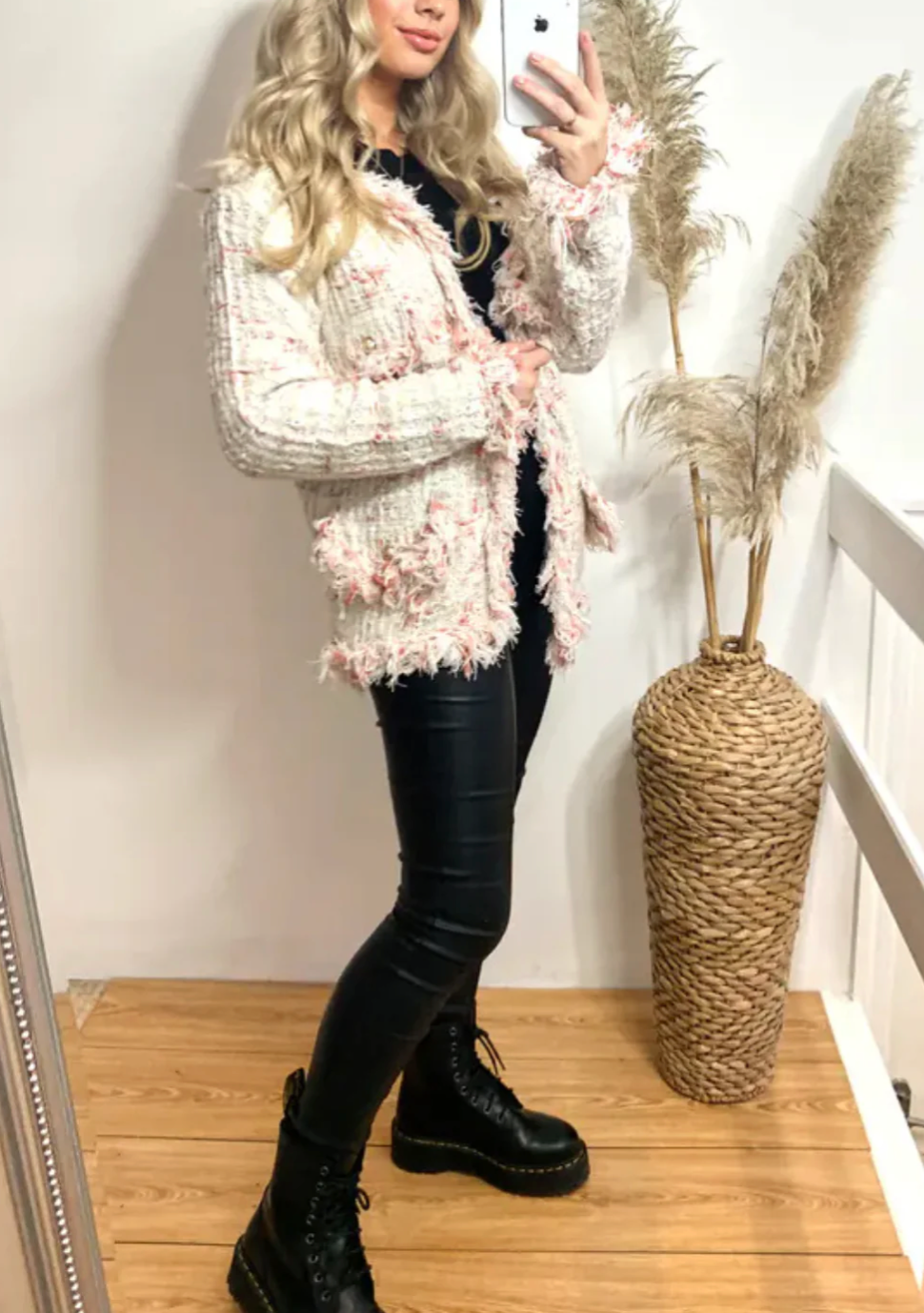 White Tweed-Effect Knitted Short Cardigan Jacket