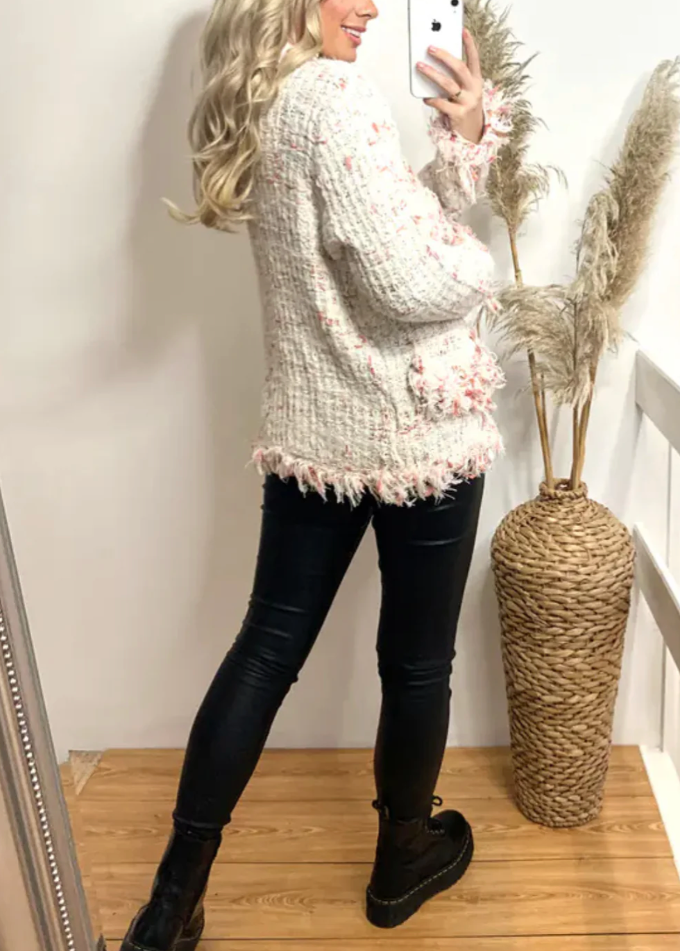 White Tweed-Effect Knitted Short Cardigan Jacket