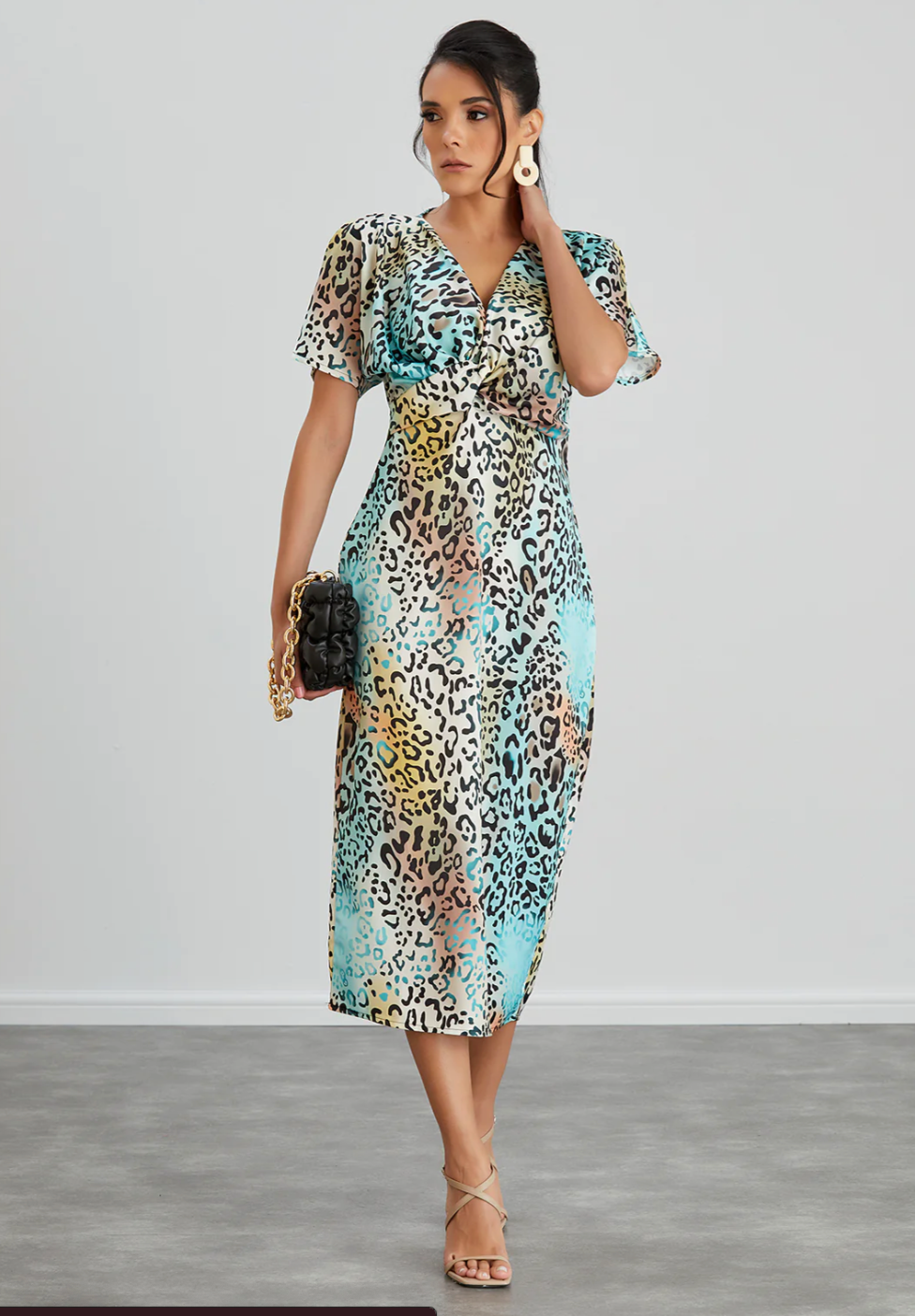 Twist Midi Dress in Mint Leopard print