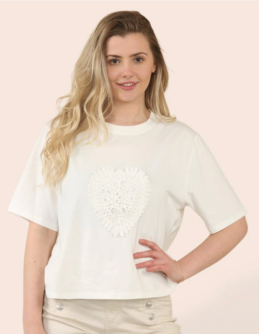 Crochet Heart Detail Cotton T-Shirt - White