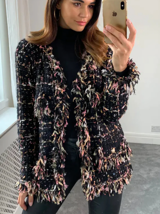 Black and Blue Tweed-Effect Knitted Short Cardigan Jacket
