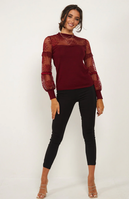 Lace Long Sleeved Knitted Top in Burgundy