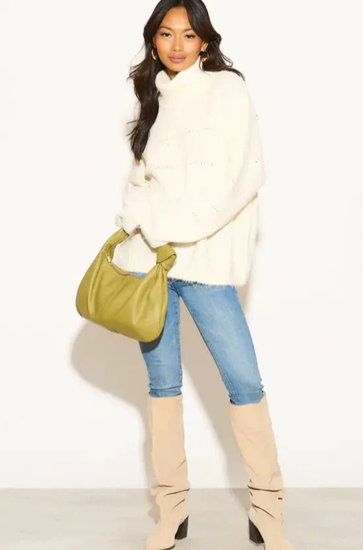Relaxed-fit Roll- neck Jumper with open-work design in cream