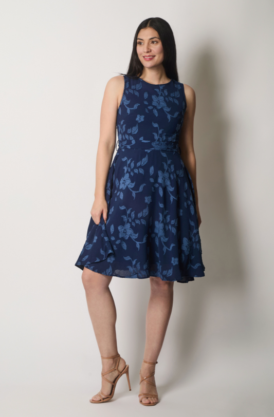 Leafy embroidered fit and flare dress.