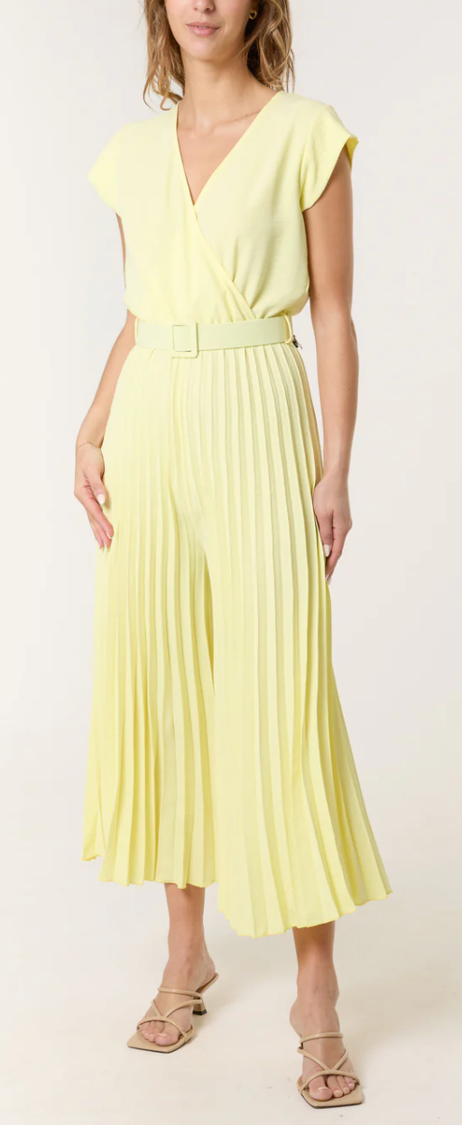 V-Neck Belt Pleated Wide Leg Jumpsuit