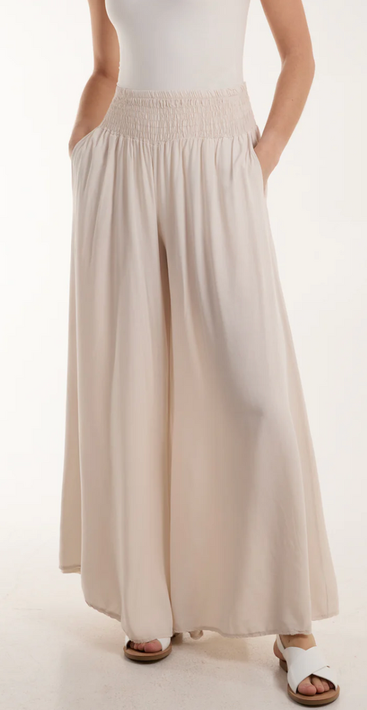 Shirred Deep Waist Band Wide Culottes
