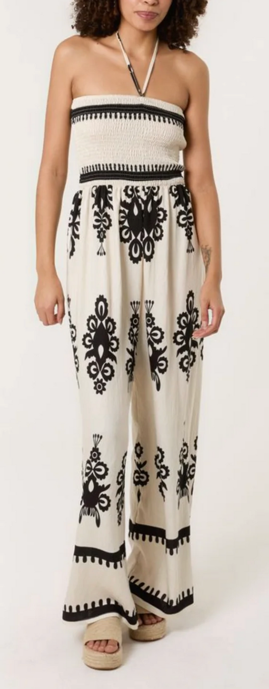 Shirred Bodice Halterneck Printed Jumpsuit