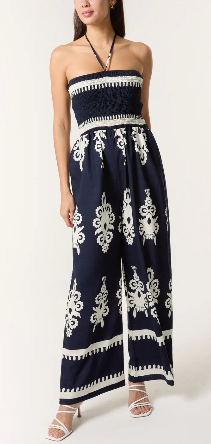 Shirred Bodice Halterneck Printed Jumpsuit