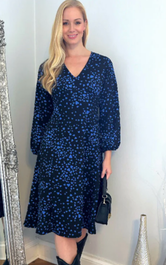 Blue Heart Print Flared Hem Dress