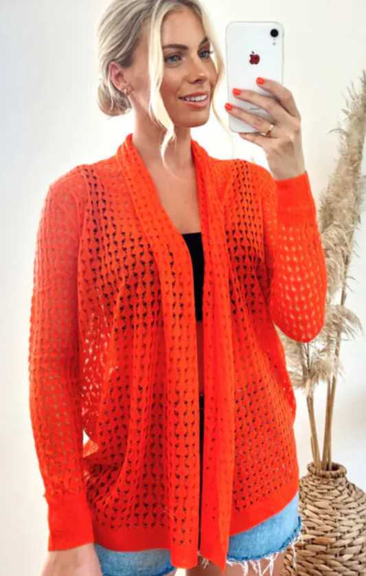 Open Knit Long Sleeve Cardigan in Orange