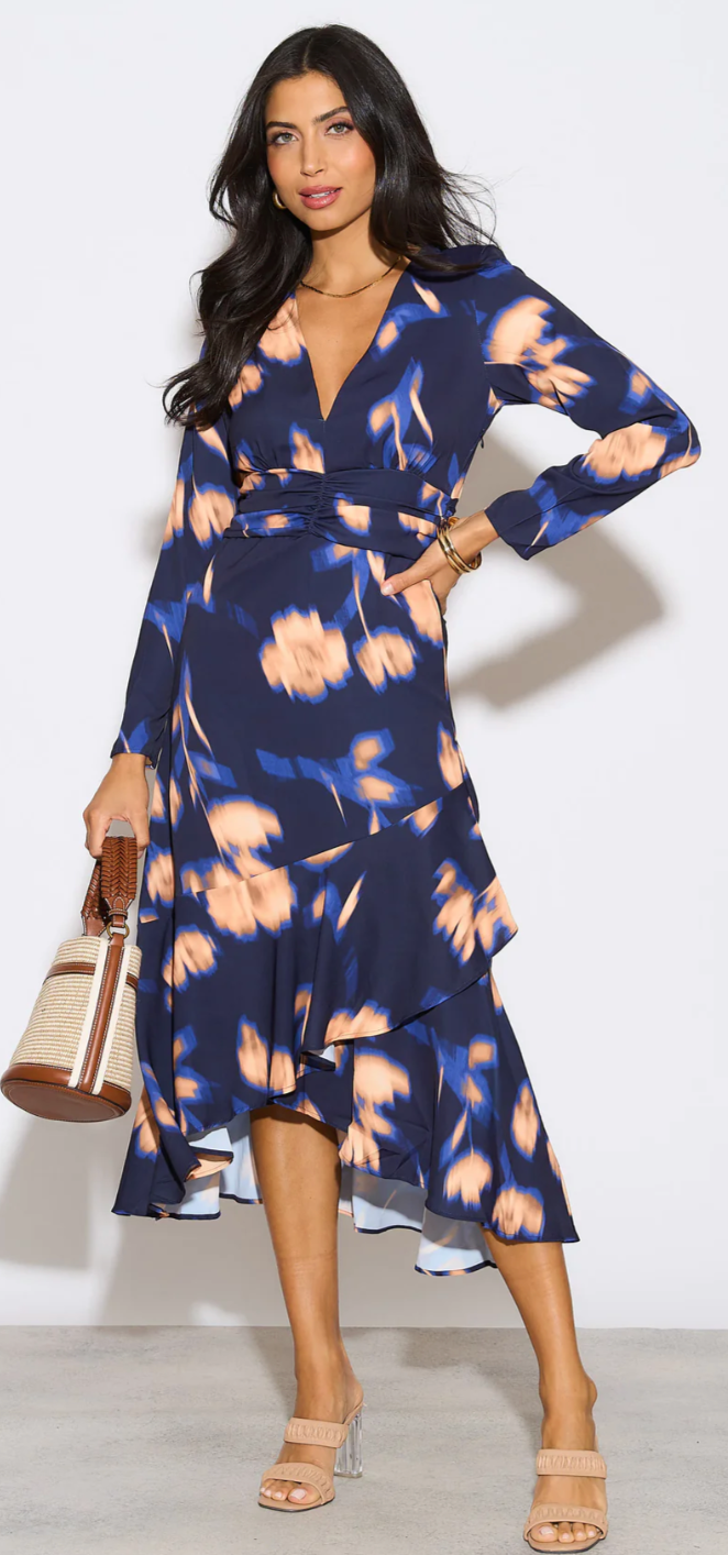 Long Sleeve Frill Midi Dress in Navy with Orange Floral Print