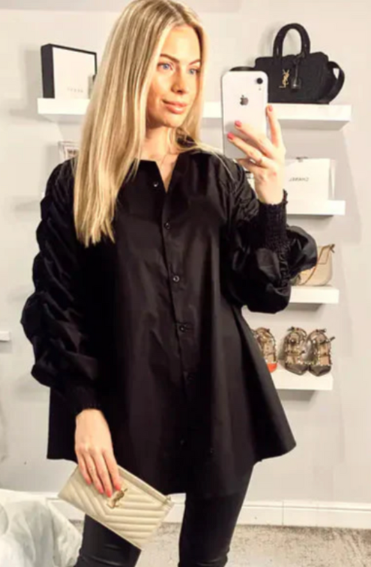 Cotton Shirt with Ruched Sleeve in Black & White