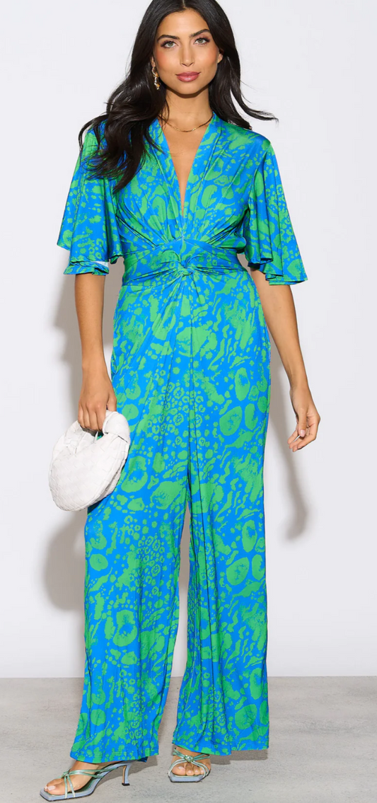 Angel Sleeve Twist Maxi Jumpsuit in Tropical Green Print