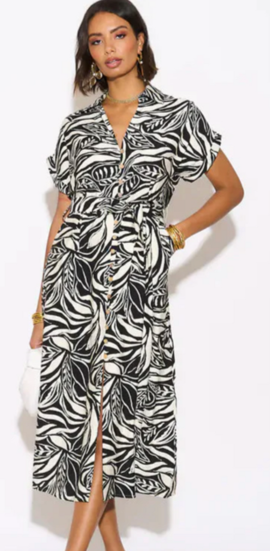 Multi Leaves' Print Cotton Linen Shirt Dress Short Sleeves