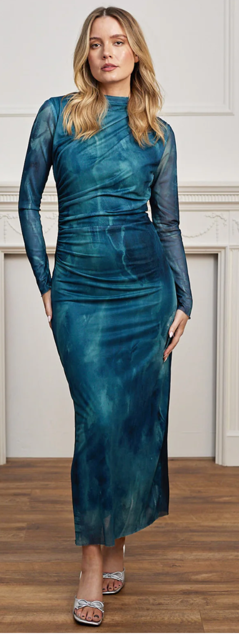 Mesh Long Sleeve Bodycon Midi Dress in Teal Watercolour