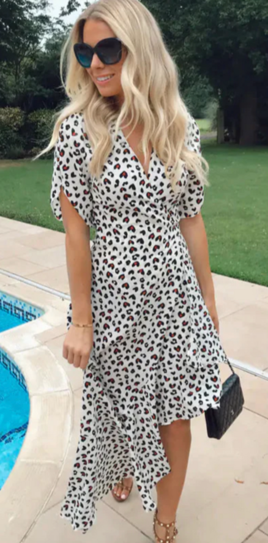 Ruffled Wrap Midi Dress in White and Black Sweetheart Print