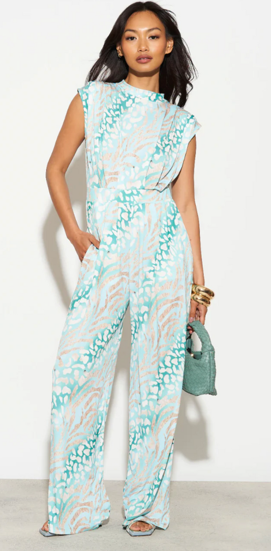 Sarry High Neck Jumpsuit in Leopard Green Print