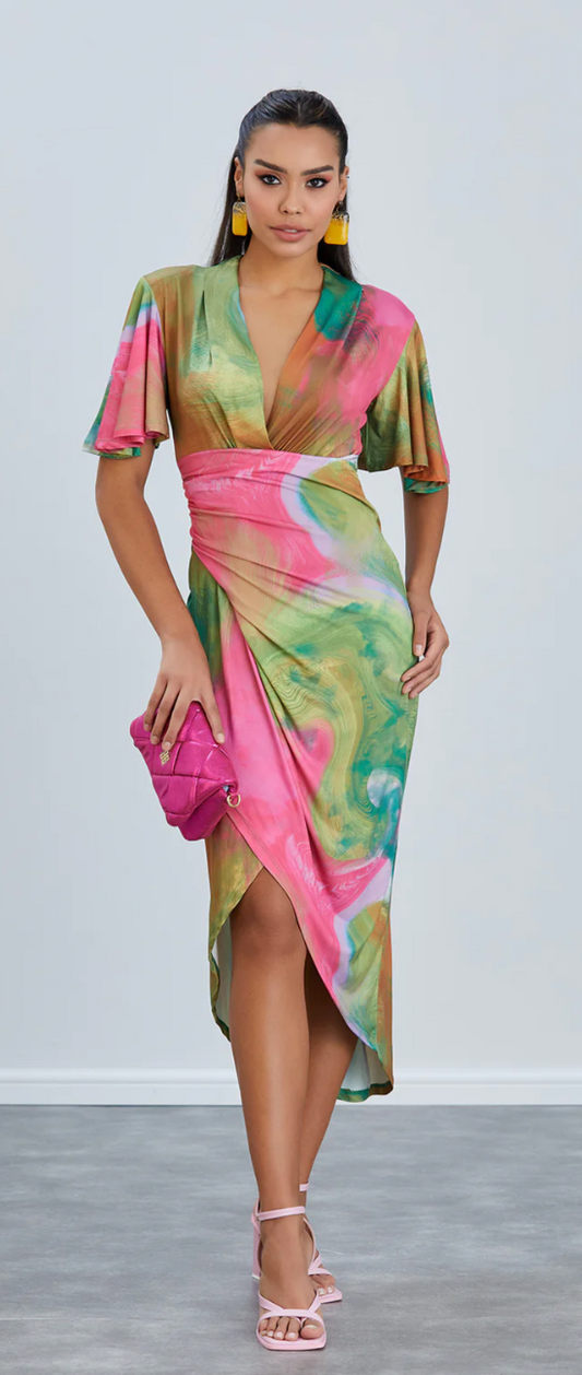 Forever Angel Sleeve Dress in Samui Green