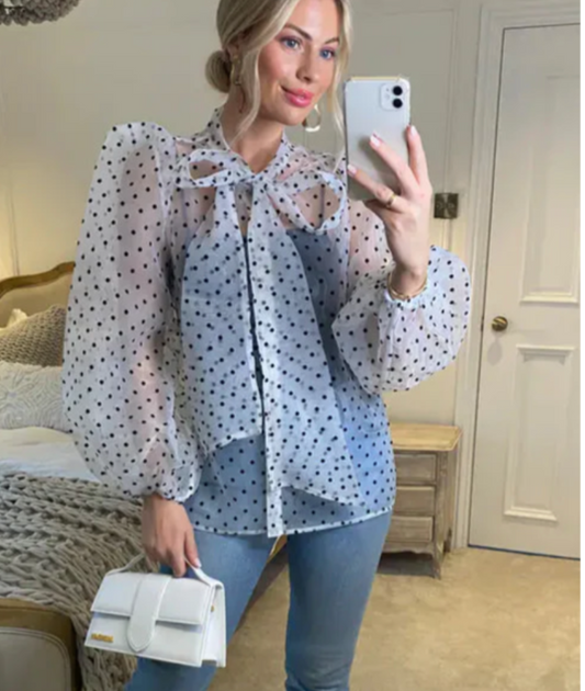 White Color Oversized Organza Shirt in Polka Dot Print with Bow Design