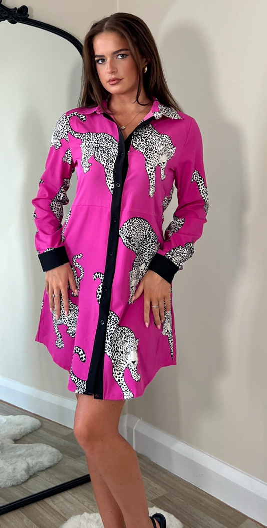 Alana Pink Cheetah Print Mini Shirt Dress