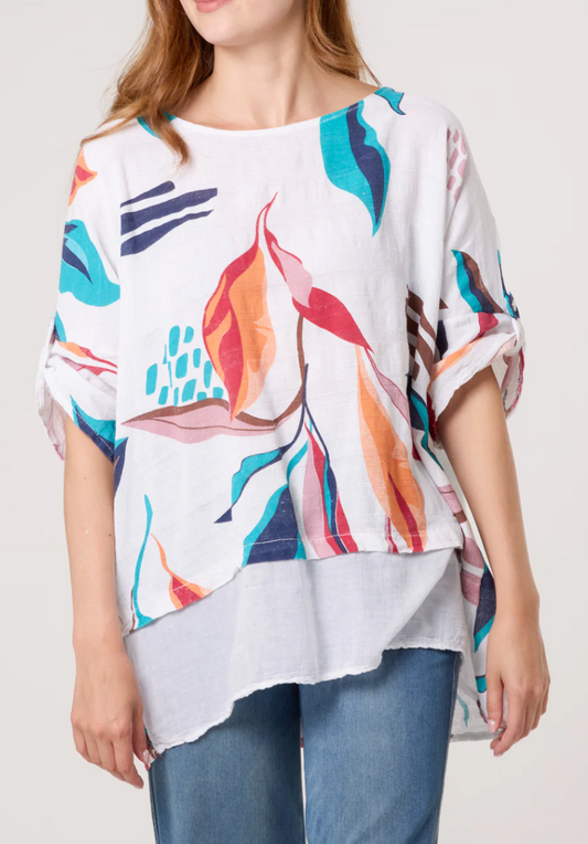 Pure Cotton Contrast Leaves Print Top