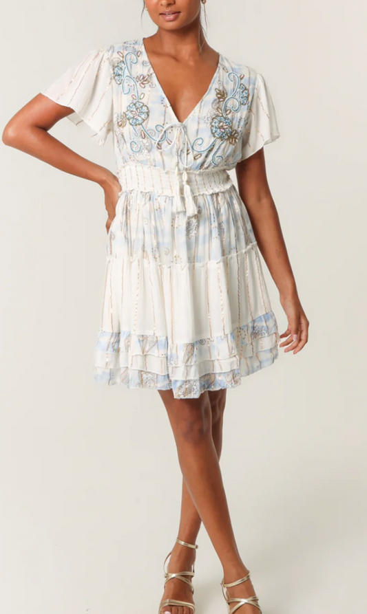 Embellished Gold Floral Tiered Mini Dress