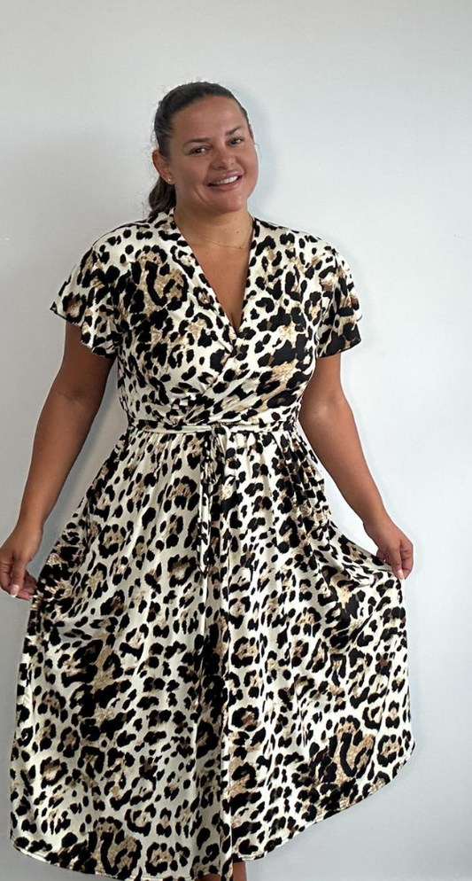 Curve Plus Size Leopard Print Drawstring Midi Dress with Pockets