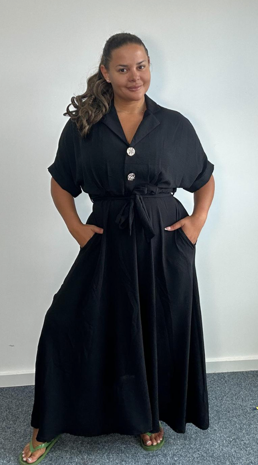 Curve Plus Size Black Button Front Belted Maxi Shirt Dress with Pockets