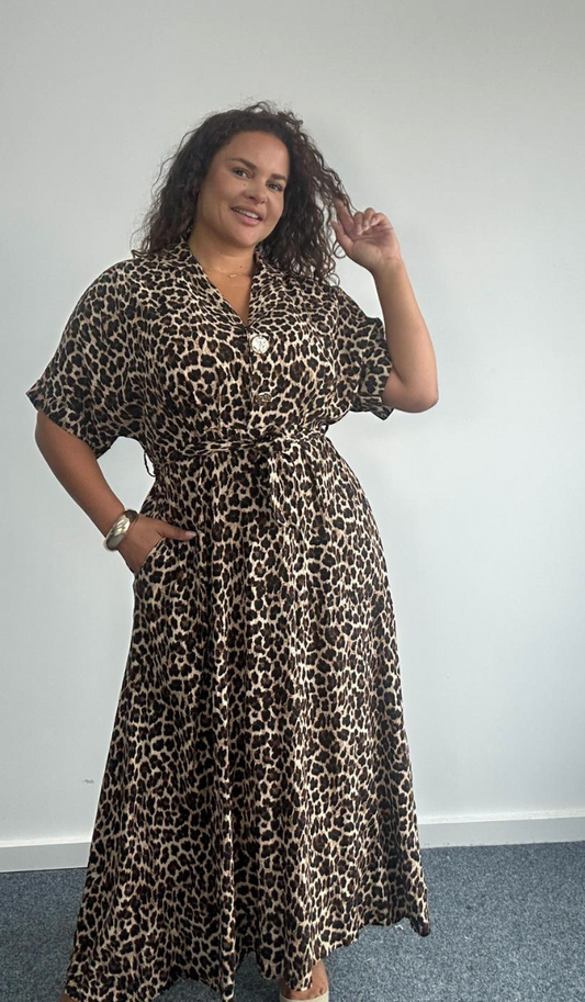 Curve Plus Size Leopard Print Maxi Tie Waist Dress with Pockets