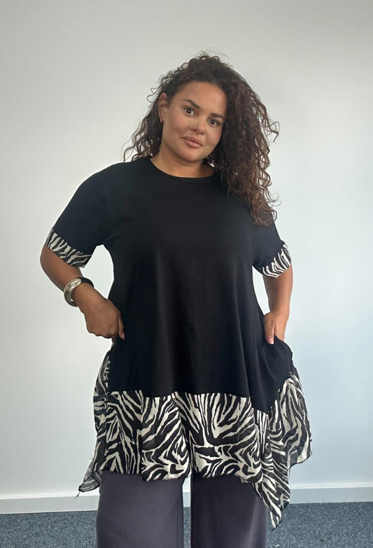 Curve Plus Size Black Tunic Top with Zebra Print Chiffon Hem & Sleeves