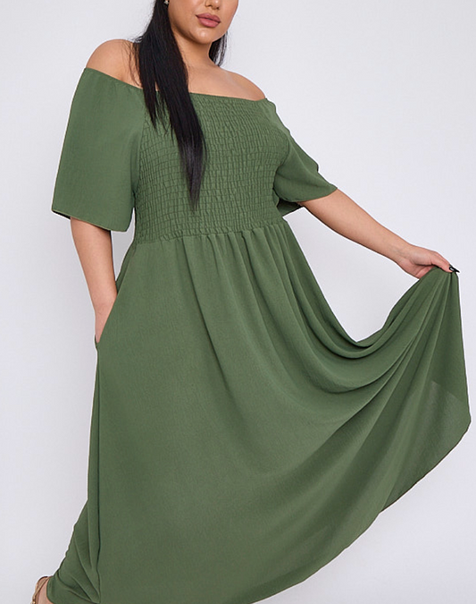 Plus Size  Bardot Shirred Top Maxi Dress With Pockets