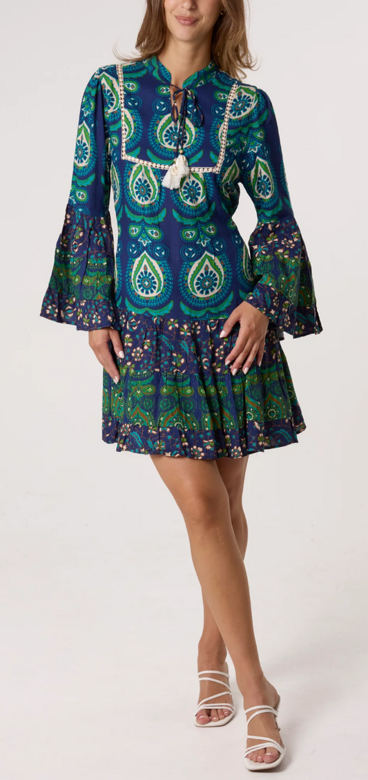 Boho Bell Sleeve Tassel Collar Dress