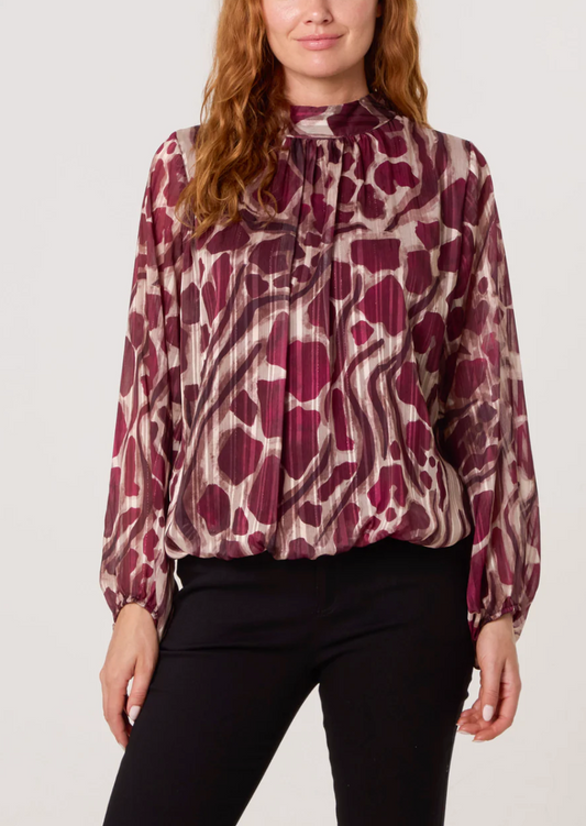 Lurex Pebble High Neck Blouse -Wine