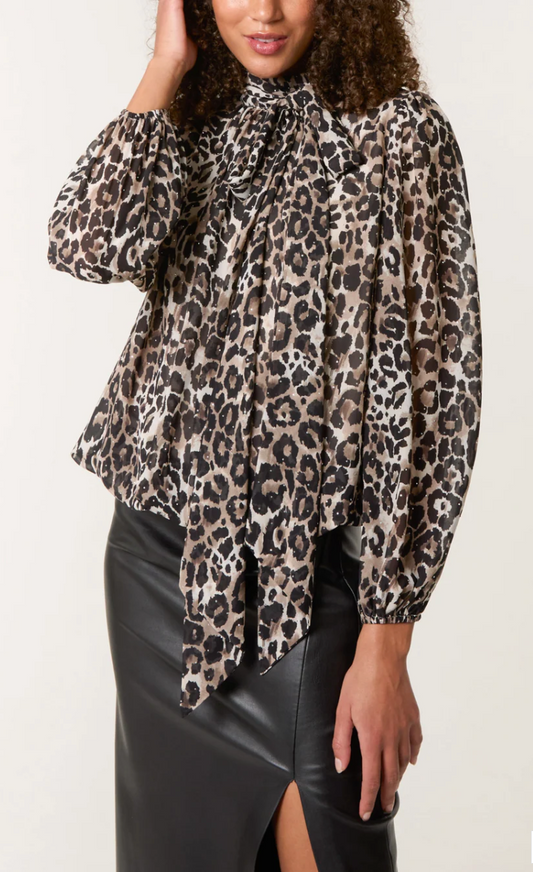 High Tie Neck Diamante Animal Blouse