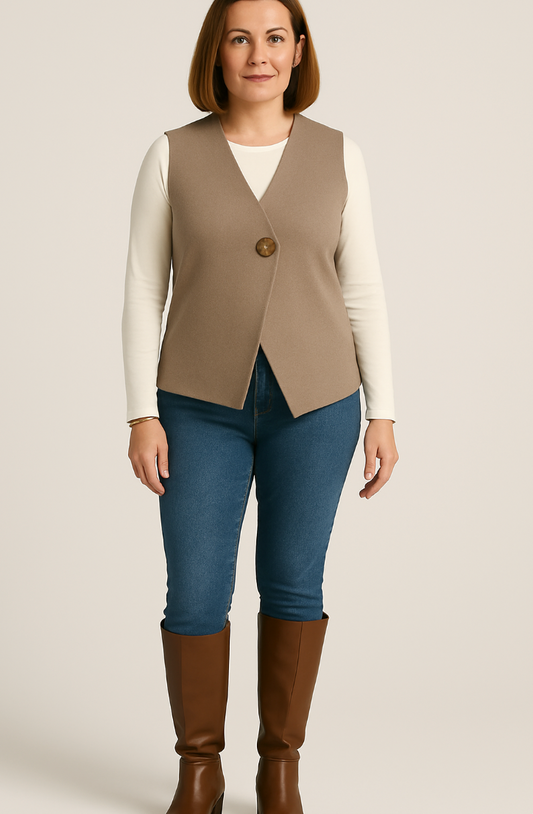 V neck sleeveless jacket with a chic gold button closure