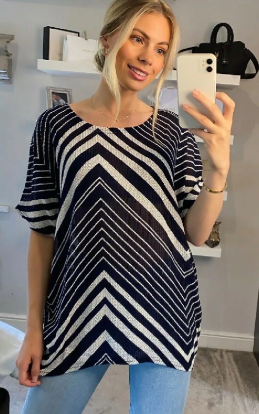 Multi striped print Oversized Top in navy and white colour