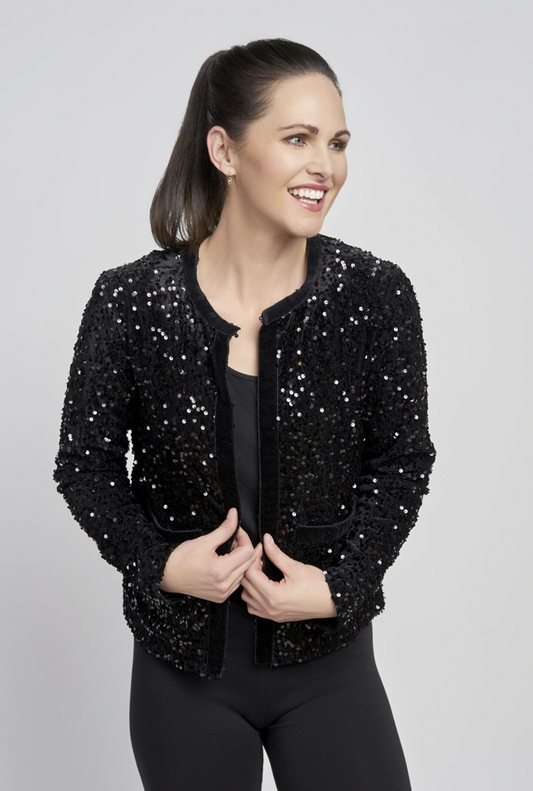 Black Sequin Jacket with Velvet Trim by Pinns