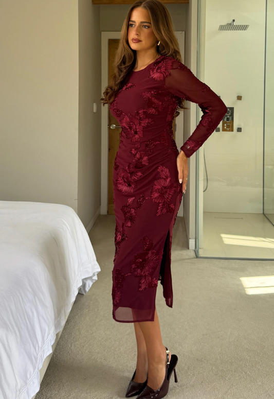 Elodie Floral Embroidered Mesh Bodycon Dress Plum