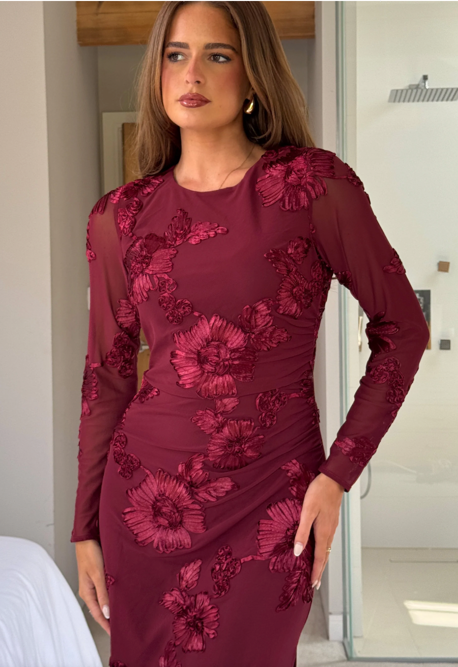 Elodie Floral Embroidered Mesh Bodycon Dress Plum