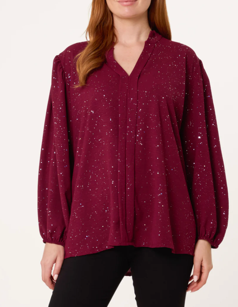 Metallic Glitter Collarless V-Neck Blouse